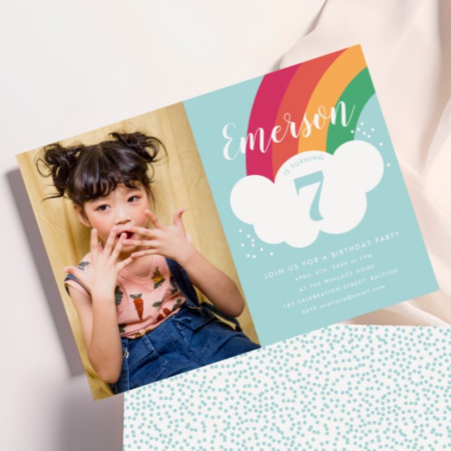 Invitation anniversaire enfant photo Nuage Arc-en- (Kids Rainbow Photo Birthday Party Invitations.)