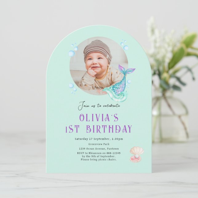 Invitation anniversaire enfant photo, violet sarce (Debout devant)