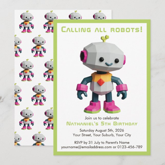 Invitation Anniversaire Enfant Robot Amusant Mignon (Devant / Derrière)