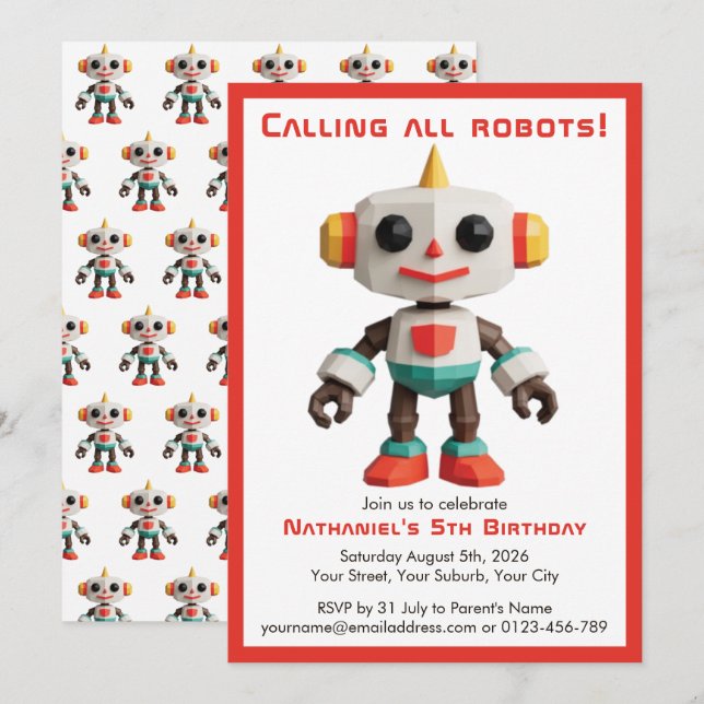 Invitation Anniversaire Enfant Robot Mignon Amusant (Devant / Derrière)
