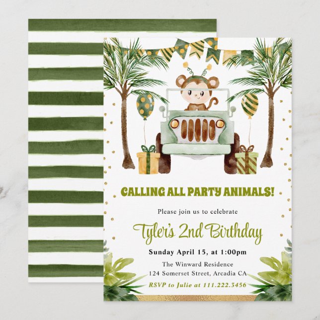Invitation Anniversaire Enfant Singe Jungle Aquarelle (Devant / Derrière)