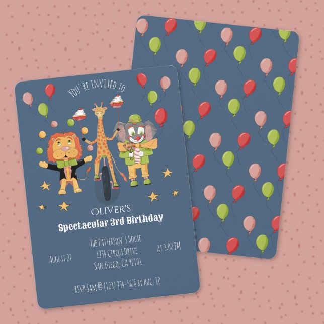 Invitation anniversaire enfant thème cirque bleu f (Circus theme child's birthday dark blue invitation .)