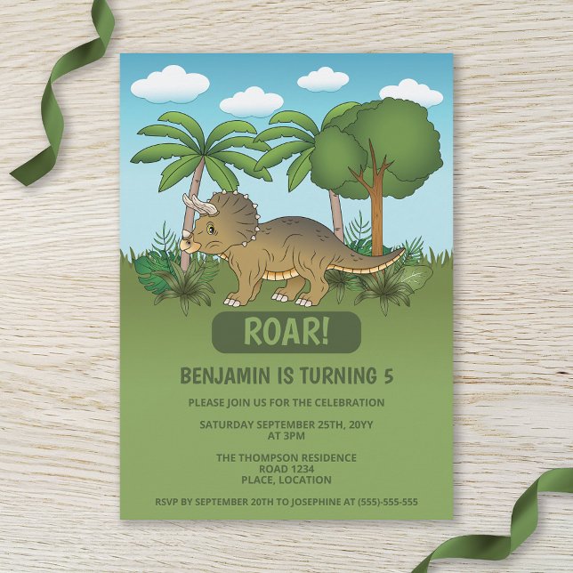 Invitation Anniversaire enfant Triceratops dinosaure tropical (Créateur téléchargé)
