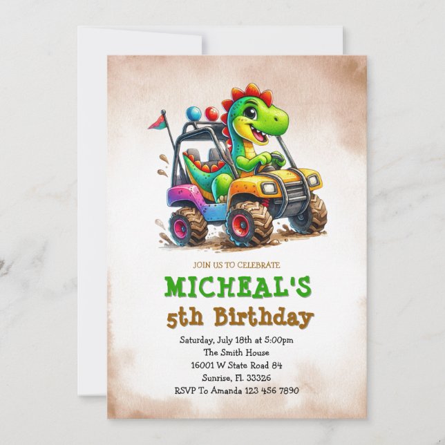 Invitation Anniversaire Enfants Camion Monstre Dinosaure (Devant)