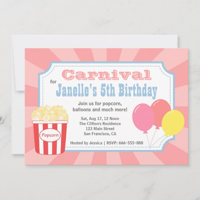 Invitation Anniversaire Enfants - Carnaval avec Popcorn & Bal (Devant)