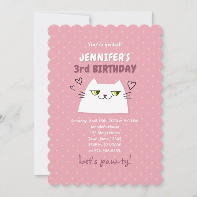 Invitation Anniversaire Enfants Chat Mignon Rose (Devant)