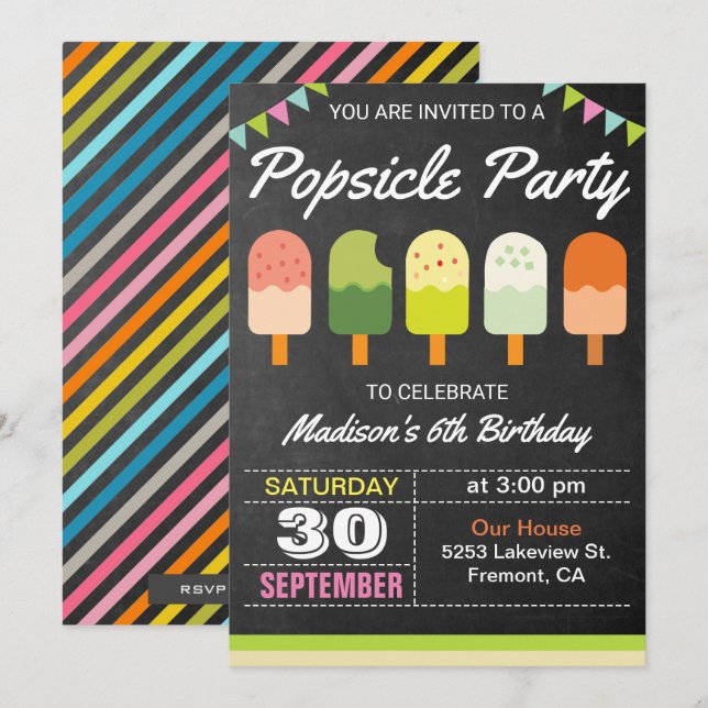 Invitation anniversaire enfants Coloré Popsicle (Devant / Derrière)