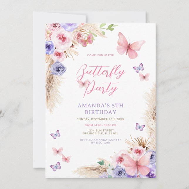 Invitation Anniversaire Enfants Papillons Roses Violets (Devant)