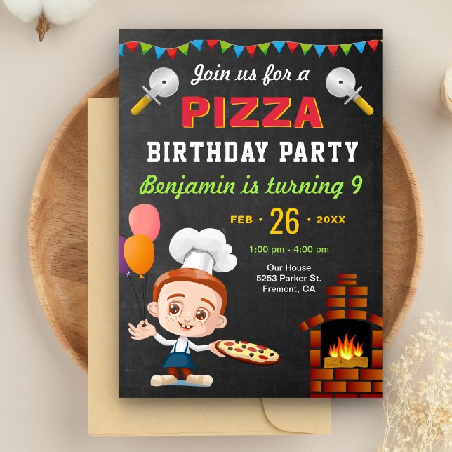Invitation Anniversaire Enfants Pizza Mignonne Col (Créateur téléchargé)