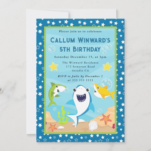 Invitation Anniversaire Enfants Requins Mignons Sous l'Eau  (Devant)