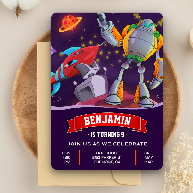 Invitation anniversaire enfants robot fusée espace (Créateur téléchargé)