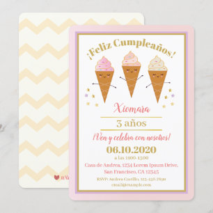 Invitation Anniversaire espagnol de crème glacée cône rose et