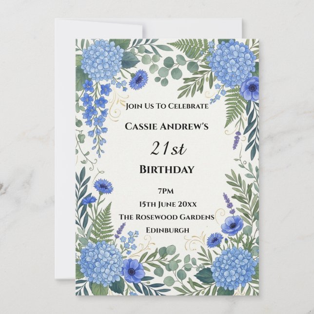 Invitation Anniversaire Étape Hydrangea Bleu (Devant)