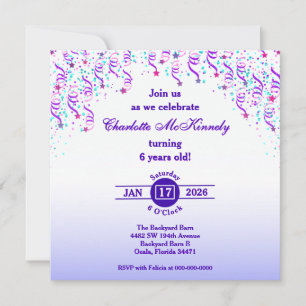 Invitation Anniversaire Étoiles et Serpentins Rose et Violet