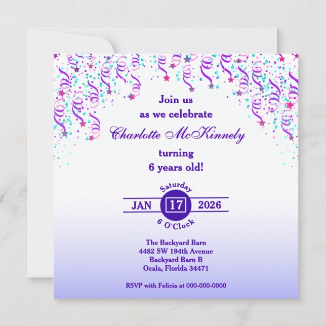 Invitation Anniversaire Étoiles et Serpentins Rose et Violet (Devant)