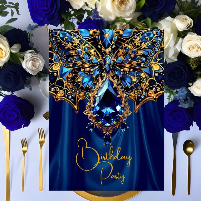 Invitation Anniversaire exotique Acier bleu Bijou d'or Papill (Créateur téléchargé)