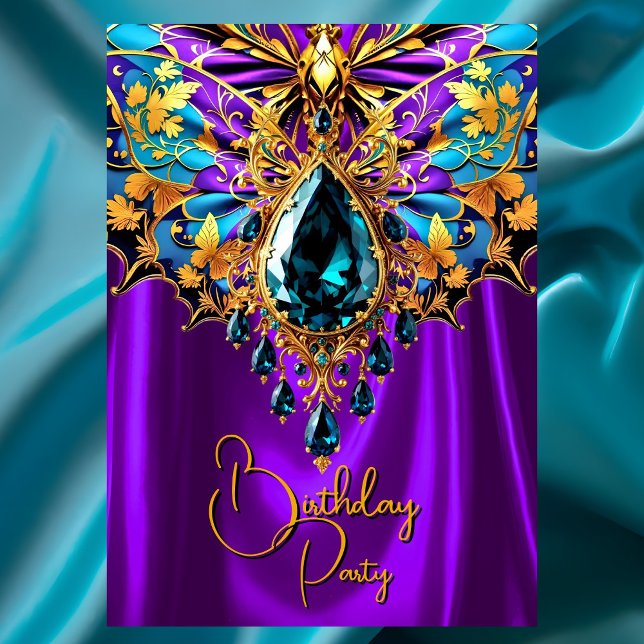 Invitation Anniversaire Exotique Violet Bleu Sarcelle Or Bijo (Créateur téléchargé)