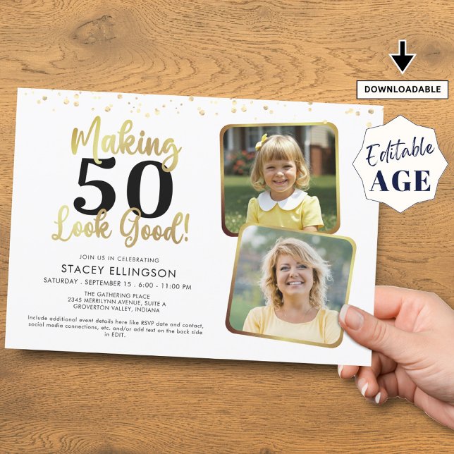 Invitation Anniversaire Fabriquer AGE Look Good 2 Photos Gold (Créateur téléchargé)