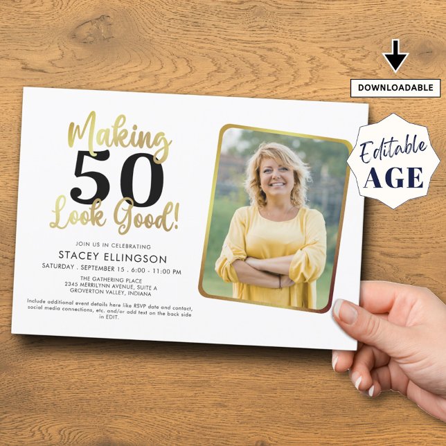 Invitation Anniversaire Fabriquer AGE Look Good Photo Gold Bl (Créateur téléchargé)