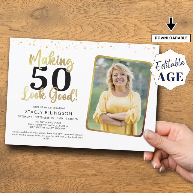 Invitation Anniversaire Fabriquer AGE Look Good Photo Gold Bl (Créateur téléchargé)