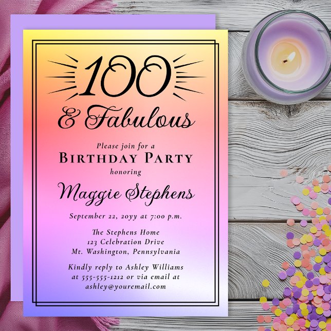 Invitation Anniversaire Fabuleux de 100 ans Rose Violet Ombre (Elegant ombre 100th birthday invitation with lavender back and modern feminine style.)