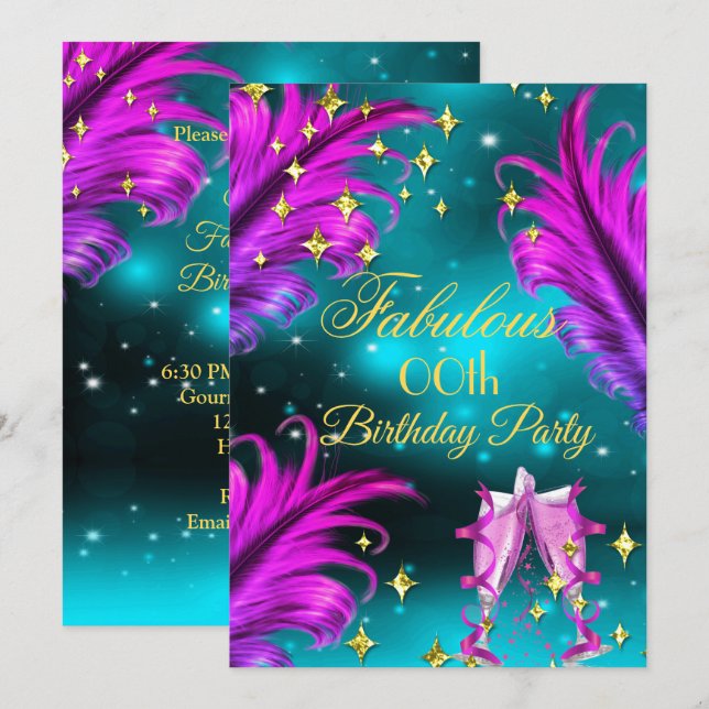 Invitation Anniversaire Fabuleux Fête Champagne Rose Violet T (Devant / Derrière)