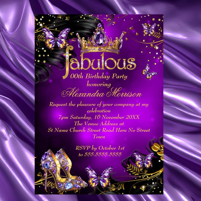Invitation Anniversaire fabuleux papillon violet or noir (Créateur téléchargé)