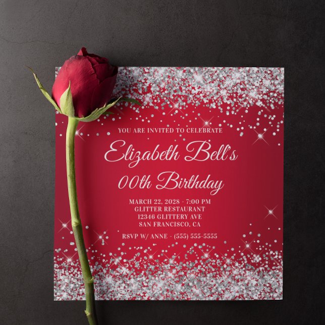 Invitation Anniversaire Fancy Monogramme Dégradé Rouge Paille (Sparkly Silver Glitter Red Ombre Birthday Invitation)