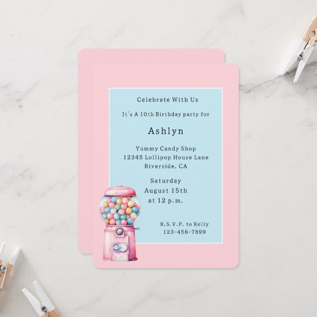 Invitation Anniversaire Fantaisiste Bubble Gum Rose Bleu (Devant/Arrière en situation)