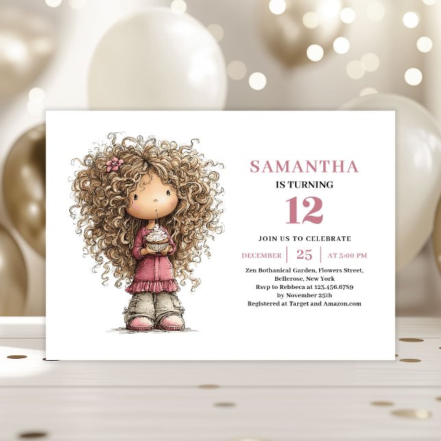 Invitation Anniversaire Fantaisiste Fille Rose Num (Whimsical Birthday Invitation Girl Pink Digital Download)