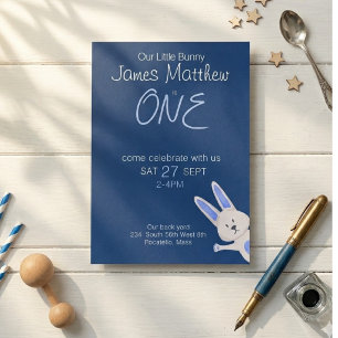 Invitation Anniversaire Fantaisiste Moderne Lapin Bleu 1 an