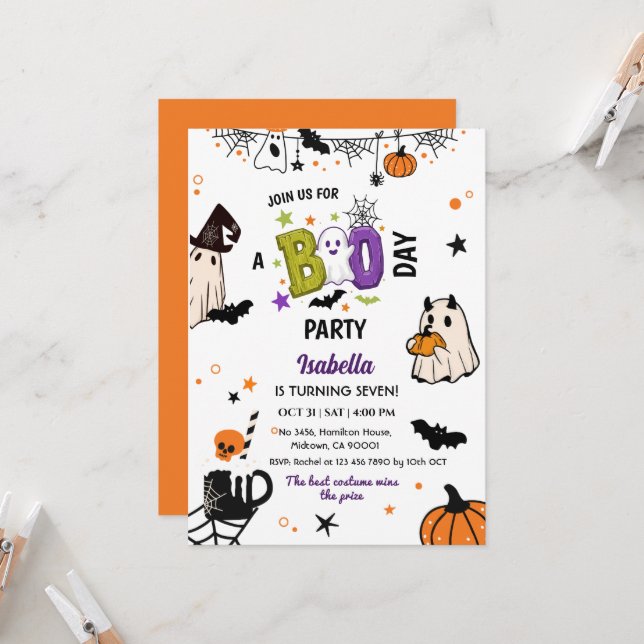 Invitation Anniversaire fantôme de 7 ans Halloween Whimsical  (Devant/Arrière en situation)