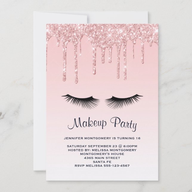 Invitation Anniversaire Faux-Cils et Paillements Liquides Ros (Devant)