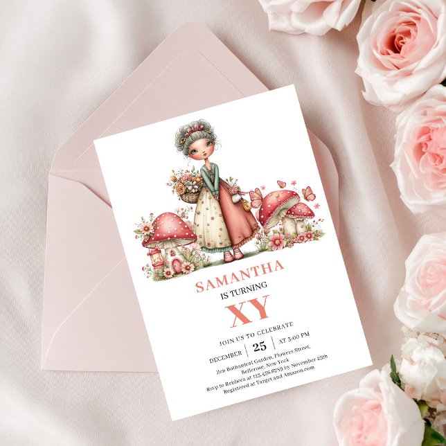 Invitation Anniversaire Fée Chérie 5 ans Champigno (Darling Fairy 5th Birthday Pink Mushroom Invitation)