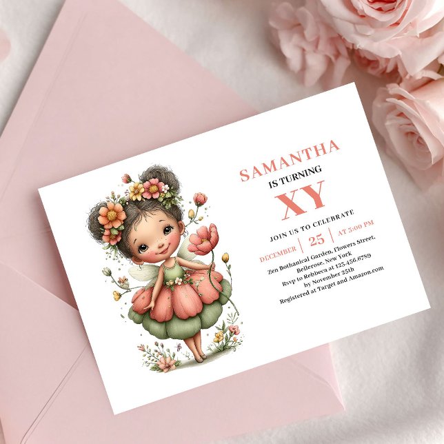 Invitation anniversaire Fée éthérée Fleur rose (Ethereal Fairy Girl Birthday Pink Floral invitation)