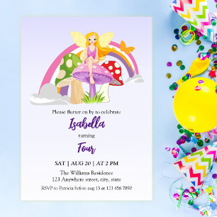 Invitation Anniversaire Fée Fille Champignon Arc-en-Ciel