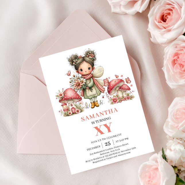 Invitation Anniversaire Fée Florale Mignonne 5 Ans (Cute Floral Fairy 5th Birthday Pink Invitation)