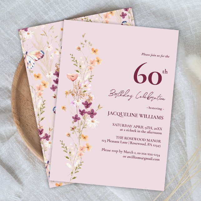 Invitation Anniversaire Féminin Floral 60 ans (Créateur téléchargé)