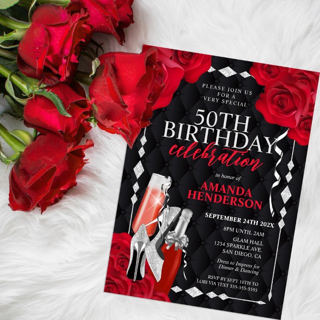 Invitation Anniversaire Femme Rouge et Argent (Créateur téléchargé)