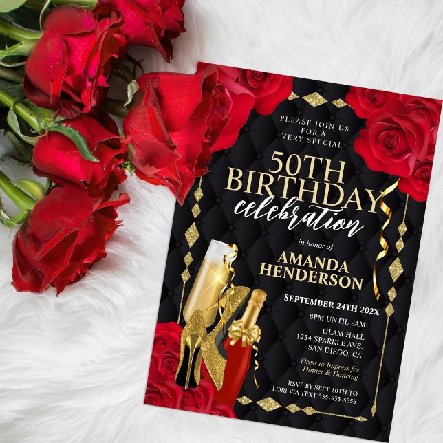 Invitation Anniversaire Femme Rouge et Or (Créateur téléchargé)
