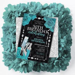 Invitation Anniversaire Femme Sarcelle et Argent