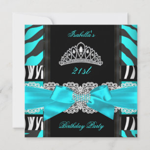 Invitation Anniversaire Fête 2 Tiara Zèbre Bleu Turquoise Noi