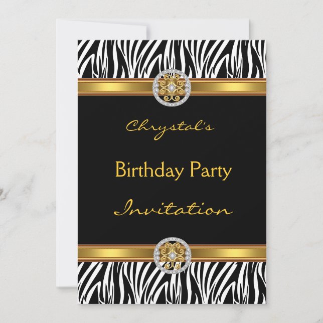Invitation Anniversaire Fête Animal Zebra Gold Jew (Devant)