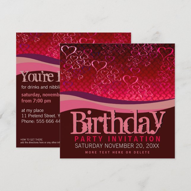 Invitation anniversaire Fête Bulles d'Amour Rouge (Devant / Derrière)