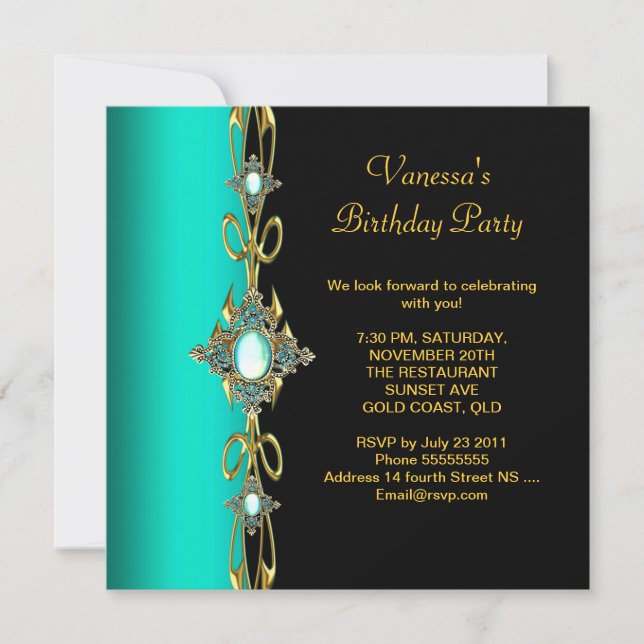 Invitation Anniversaire Fête Damas Turquoise Vert Bleu Or Noi (Devant)