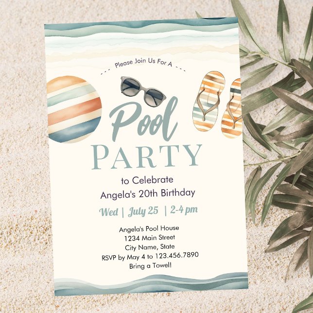Invitation Anniversaire Fête de Piscine d'Été de Plage (Créateur téléchargé)