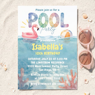 Invitation Anniversaire Fête de Piscine Flamant Rose Aquarell
