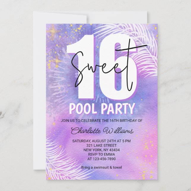 Invitation Anniversaire Fête de Piscine Sweet 16 Violet (Devant)