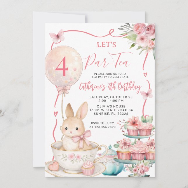 Invitation Anniversaire Fête de Thé Lapin Rose Par (Devant)