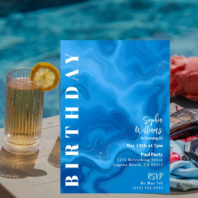 Invitation Anniversaire Fête-Piscine Party-Moonstone Blue (Blue Moonstone-Birthday Party Invitation-Pool Parties-Summer parties-modern abstract art-water)